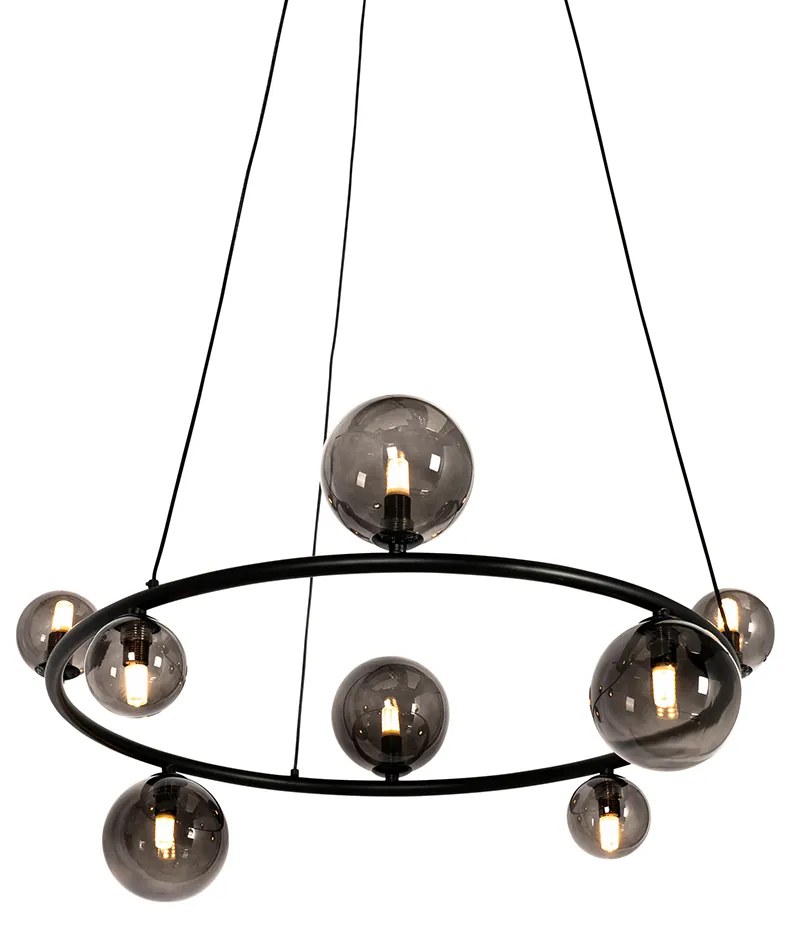 Candeeiro suspenso preto com vidro fumê redondo 8 luzes - Mônaco Design,Moderno