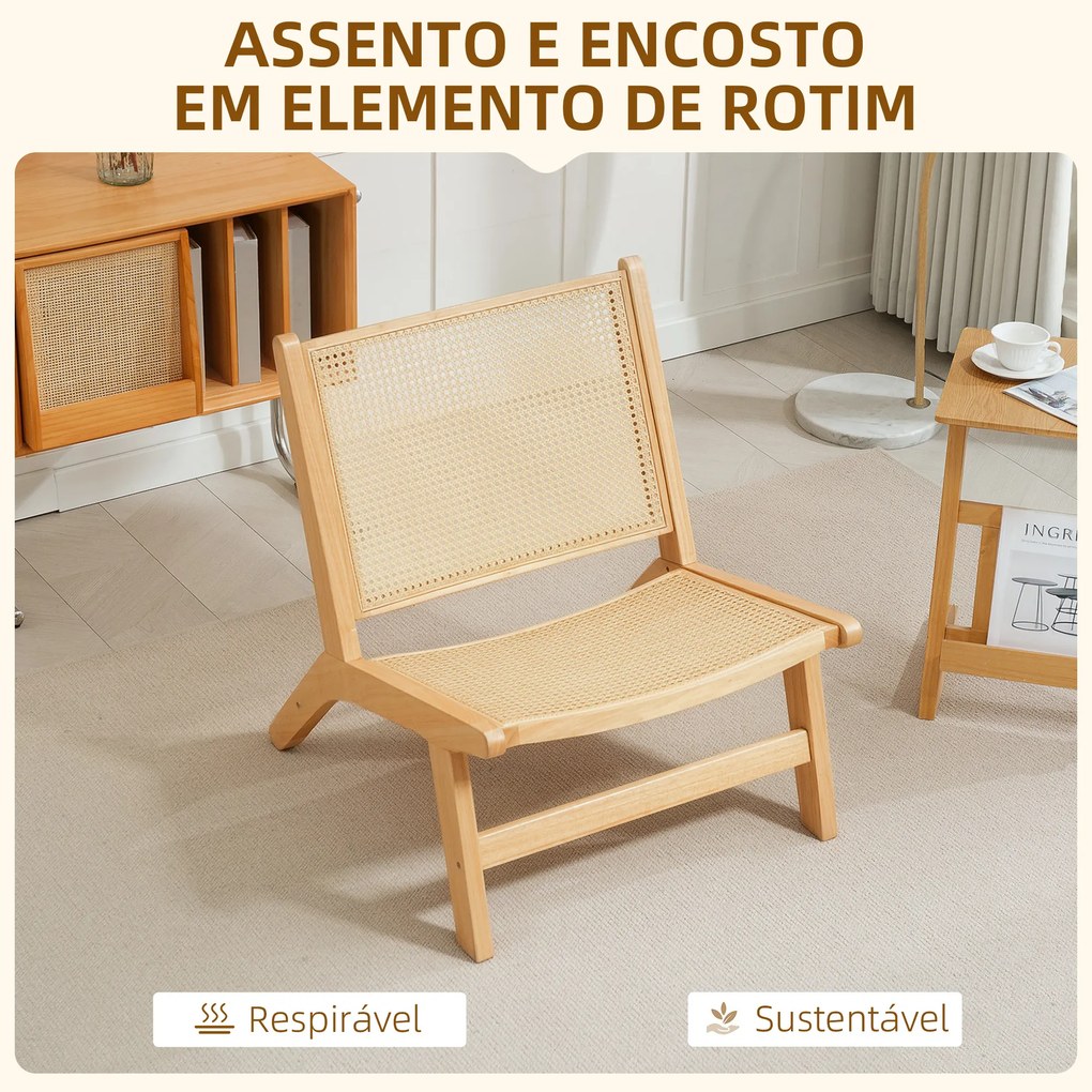 Cadeira para Sala de Estar Nórdica com Encosto e Assento Amplo em Vime Estrutura de Madeira 64x70x74 cm Madeira e Bege