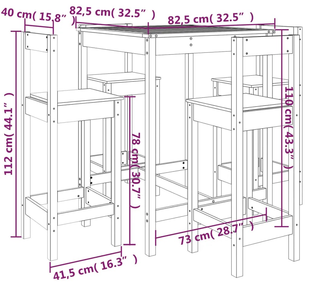 5 pcs conjunto de bar para jardim pinho maciço preto