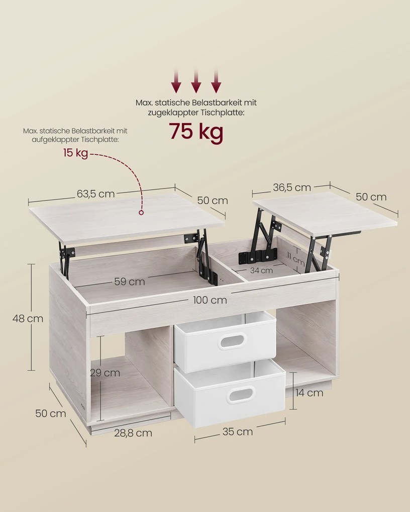 Mesa de centro com 2 gavetas e compartimentos 50 x 100 x 48 cm/62,3 cm bege