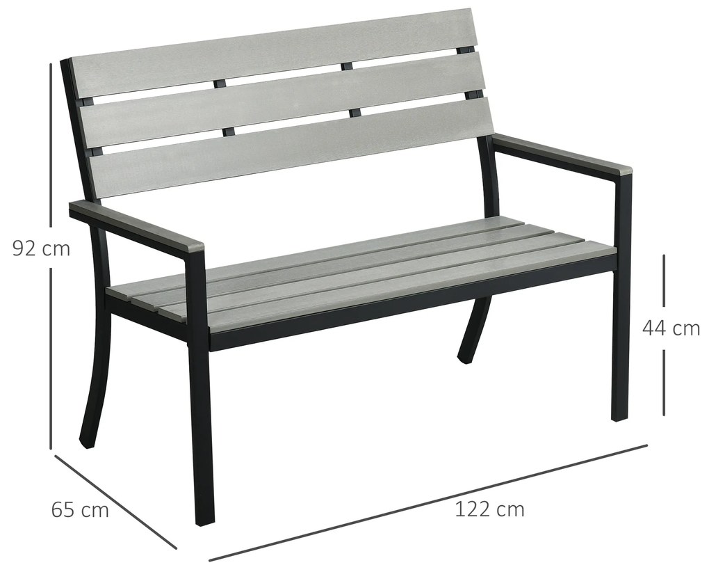 Outsunny Banco de Jardim 2 Lugares Banco para Exterior com Encosto Apoio para os Braços e Estrutura de Aço para Varanda Pátio Carga 240 kg 122x65x92 cm Cinza