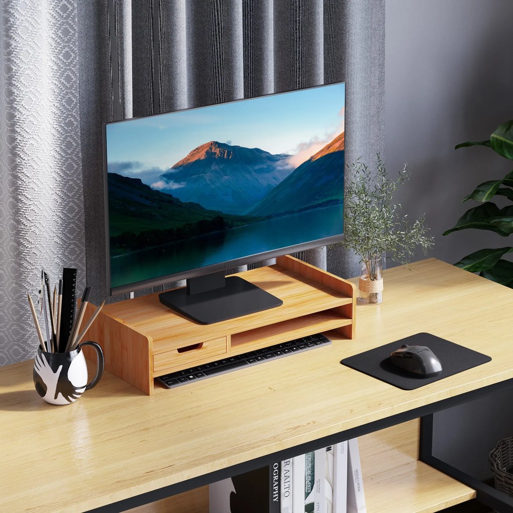 Suporte para Monitor de Bambu Organizador de Escritório para Monitor P