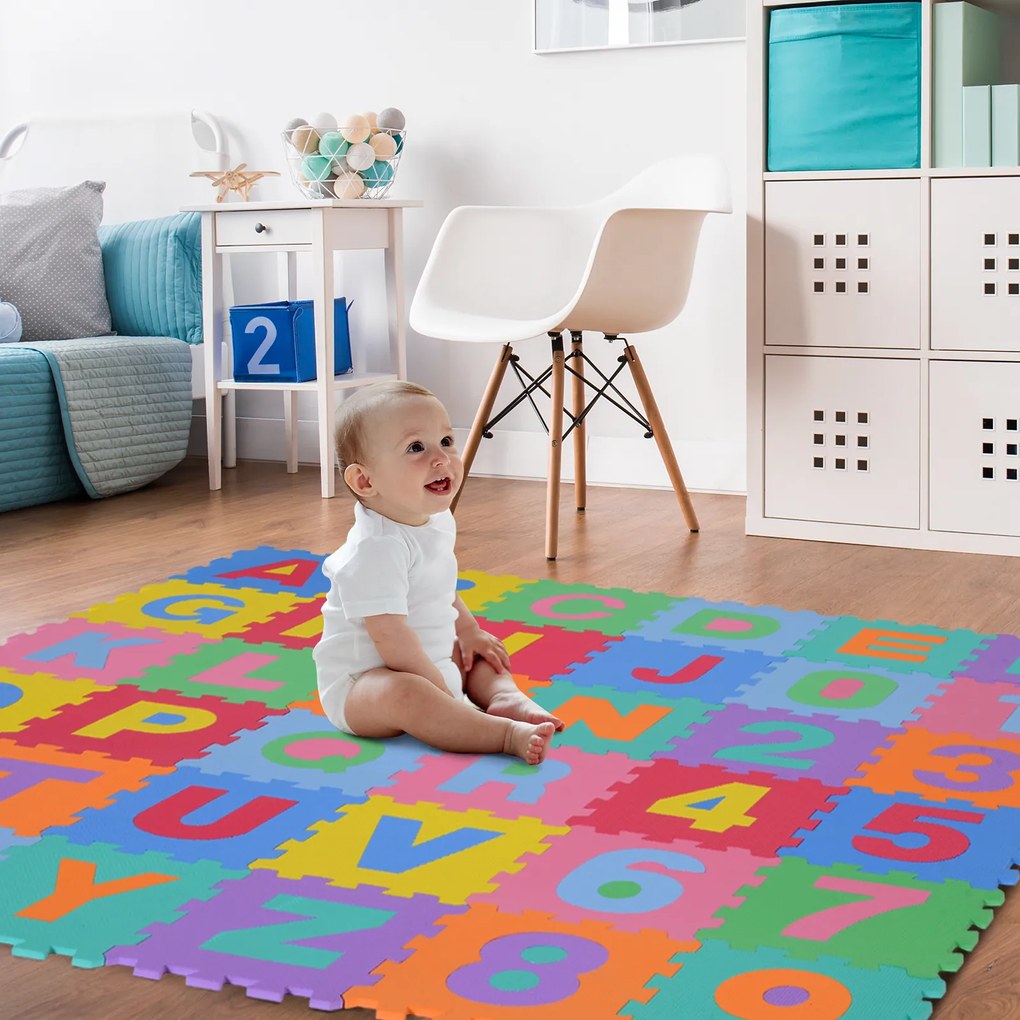 HOMCOM Tapete puzzle infantil 36 peças de 31x31cm Números de 0 a 9 e 26 letras do alfabeto Tapete de borracha de espuma para bebês e crianças 3,24㎡