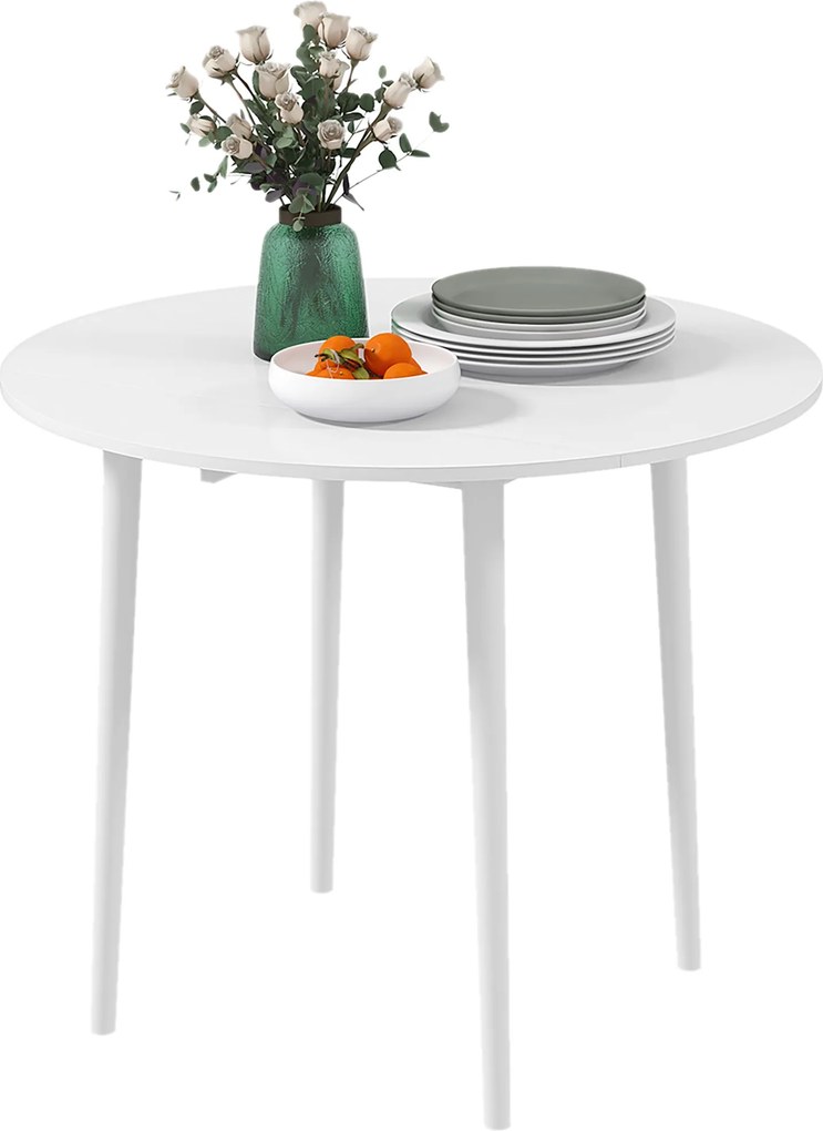 Mesa de jantar dobrável com 2 abas  Ø 89 x 73,5 cm (CADEIRAS NÃO INCLUIDAS), mesa redonda extensível para 4 pessoas, pés em madeira, branca