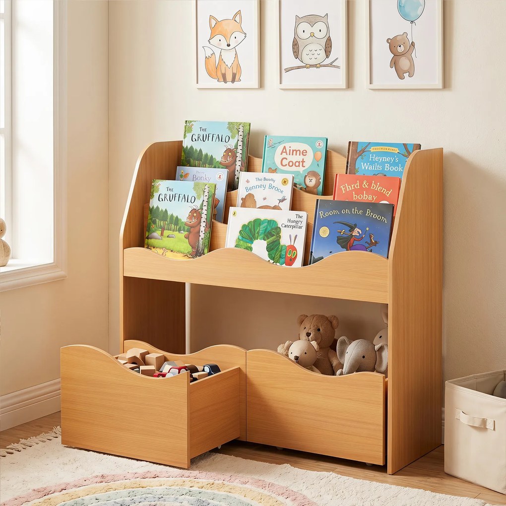 Móvel de Arrumação Infantil com Estante e Gavetas, 82 x 30 x 76 cm, 3 Prateleiras Abertas, Natural
