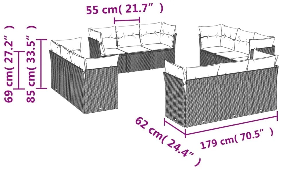 12 pcs conj. sofás jardim com almofadões vime PE cinzento-claro