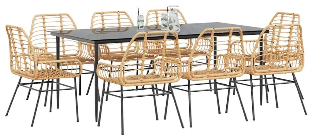 vidaXL Conjunto jantar jardim 9 peças vidro vime PE castanho