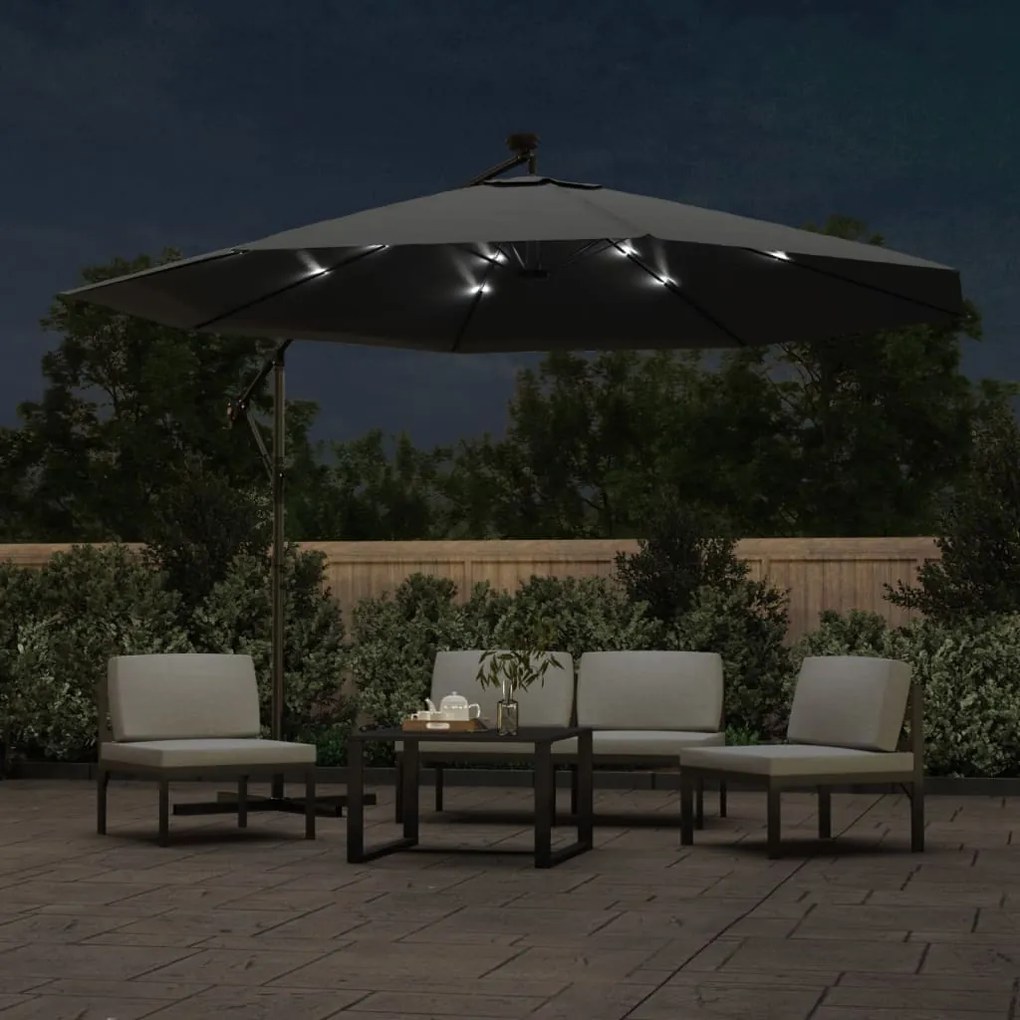 Guarda-sol cantilever c/ luzes LED poste metal 350 cm antracite