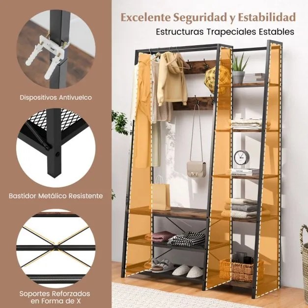 Armário de entrada Cabide com banco de arrumação 5 em 1 com 9 ganchos Estantes Estrutura metálica para corredor Sala de estar Quarto Castanho
