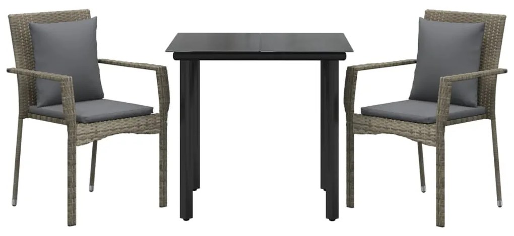 3 pcs conj. jantar p/ jardim c/ almofadões vime PE preto/cinza