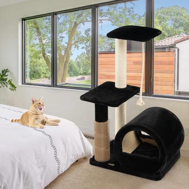 Árvore para gatos multinível com poste de sisal confortável casinha para gatos 56 x 40 x 92 cm Preto