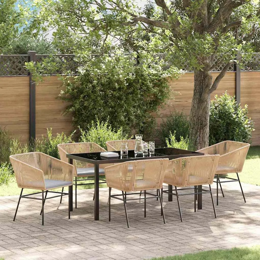 vidaXL Conjunto de jantar de jardim com 7 peças e almofadas marrom de polirattan
