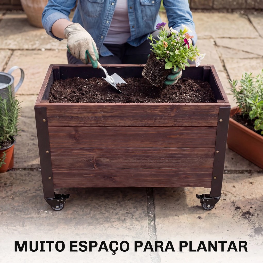 Floreira de Madeira com Rodas Orifício de Drenagem e Forro Não Tecido 60x30x41 cm Castanho Escuro