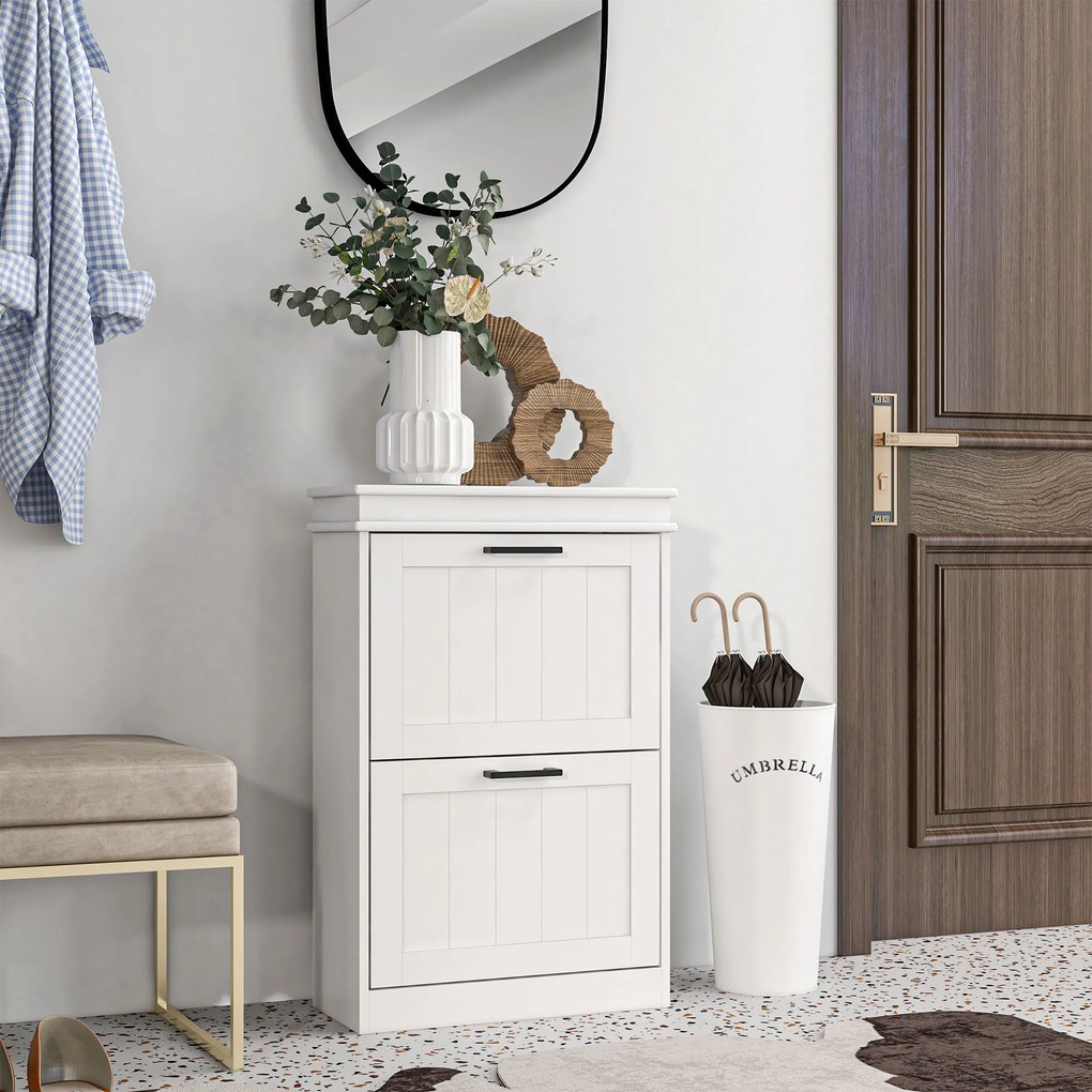 Sapateira com 2 portas basculantes 54 x 24 x 82,5 cm e prateleiras ajustáveis, para a entrada ou corredor, branco