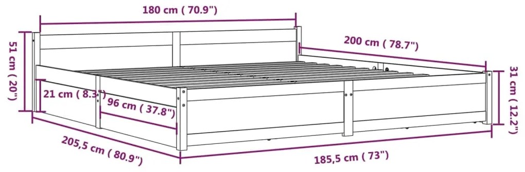 Estrutura de cama c/ gavetas 180x200 cm tamanho Super King