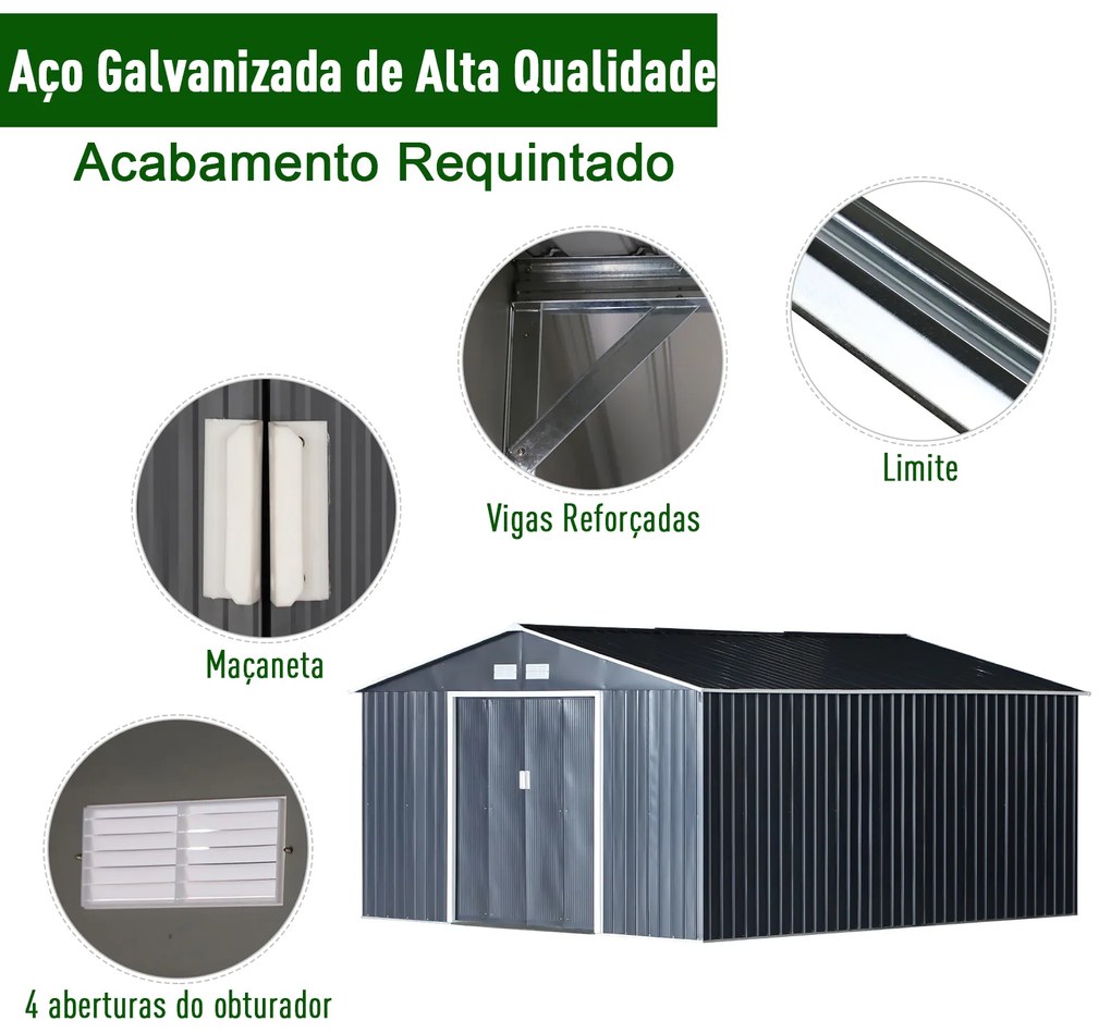 Abrigo de jardim de armazenamento para ferramentas com porta deslizante dupla aço galvanizado 340x386x200 cm cinza