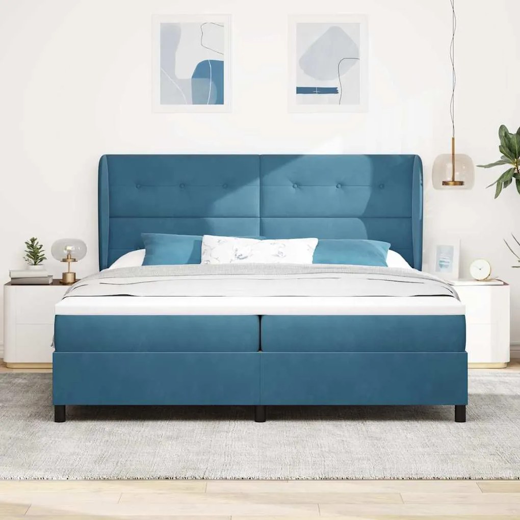 Cama com Estrado e Colchão Azul Escuro 200x200 cm em Veludo