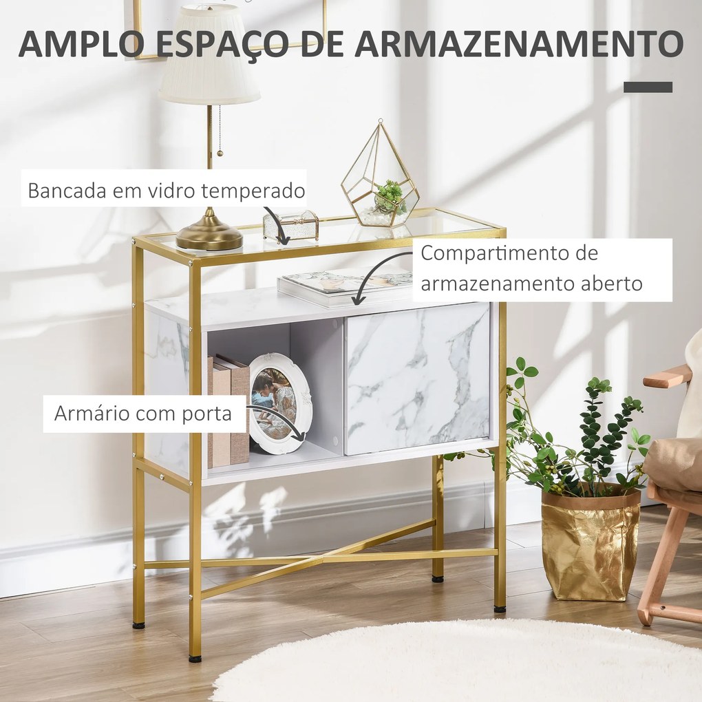 HOMCOM Mesa Consola Aparador de Entrada com Bancada de Vidro Temperado e Compartimento de Armazenamento Móvel de Entrada para Sala de Estar Estúdio 80x30x90cm Branco e Dourado