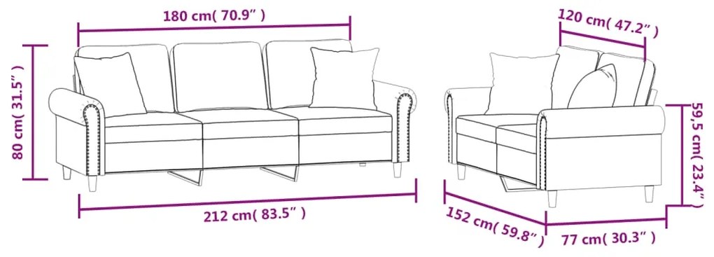 2 pcs conjunto de sofás com almofadas veludo vermelho-tinto