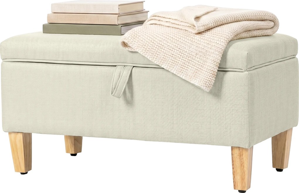 Banco de arrumação 71x37x36 cm, apoio de cama, apoio para os pés almofadado em linho com pés em madeira de borracha, bege