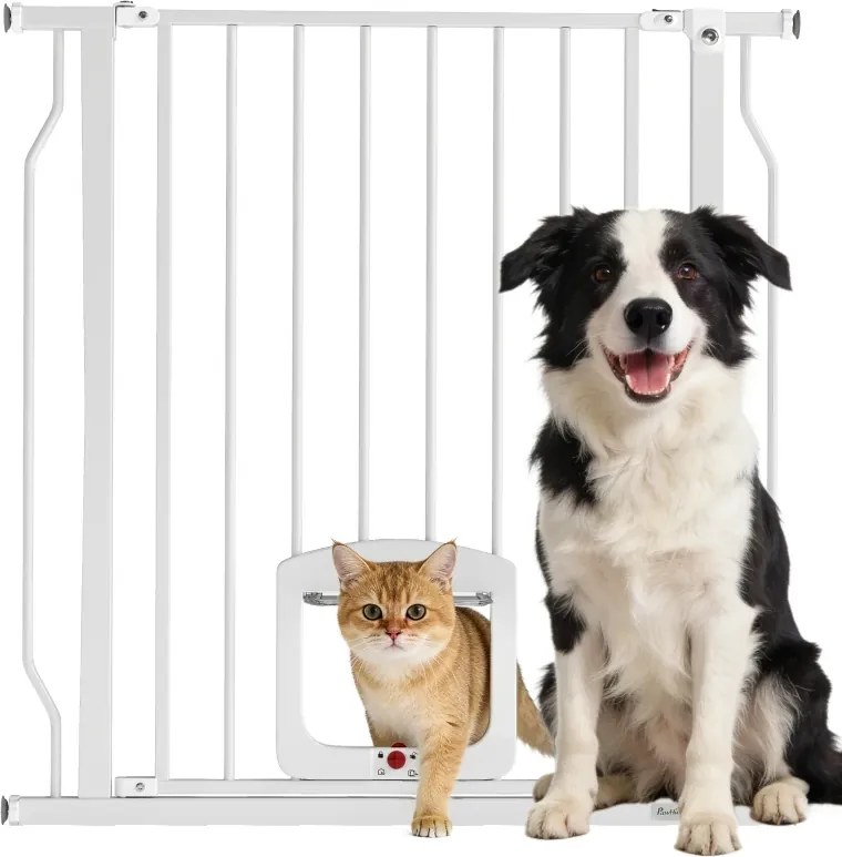 Barreira de Segurança Extensível para Cães 75-85 cm para Portas e Escadas com Portinhola Pequena Montagem por Pressão Duplo Bloqueio Branco