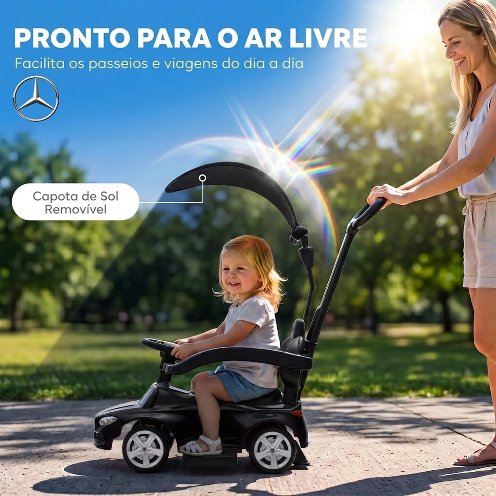 Carro Andador para Bebé 3 em 1 Mercedes-Benz com Barra de Empurrar, Capota, Laterais de Segurança e Música, 12-36 Meses, Preto