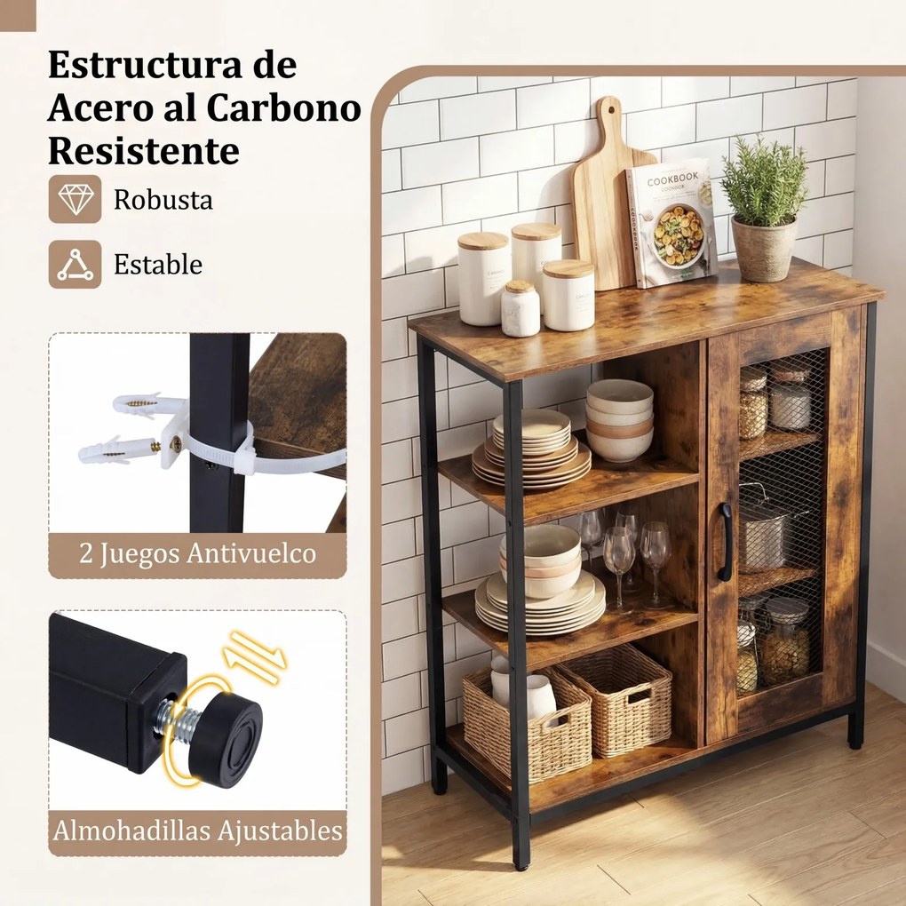 Aparador de Cozinha com Porta de Rede, 70 x 30 x 81 cm, Prateleiras Ajustáveis, Castanho
