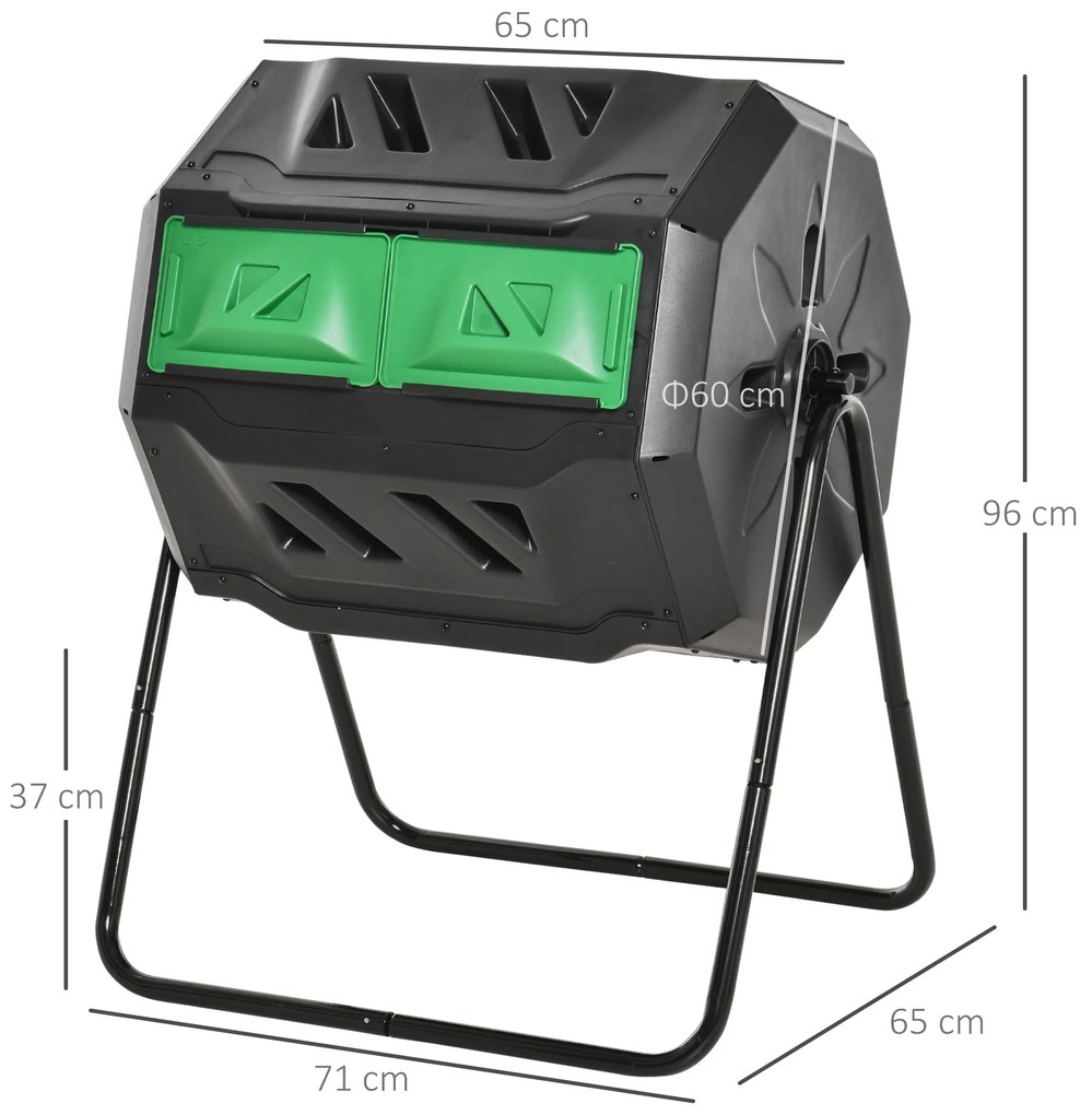 Compostor de Tambor Giratório de 160L com Dupla Câmera e Ventilação para Resíduos Orgânicos 71x64x92 cm Preto e Verde