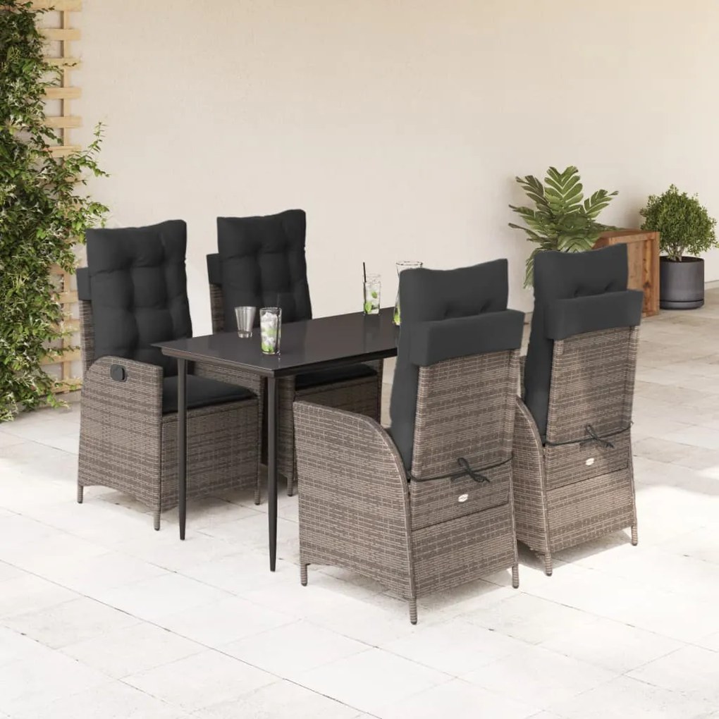 5 pcs conjunto de jantar p/ jardim c/ almofadões vime PE cinza