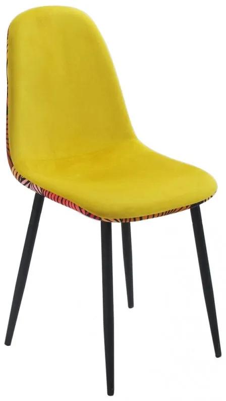 Conjunto 4 Cadeiras de Cozinha e Sala de Jantar  HORUS, metal, tecido veludo amarelo com costas florais combinando