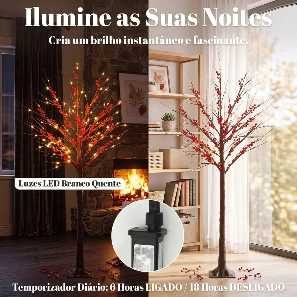 Árvore de Bétula Artificial 150 cm com Bagas Vermelhas 96 LED Temporizador e 12 Ramos Flexíveis