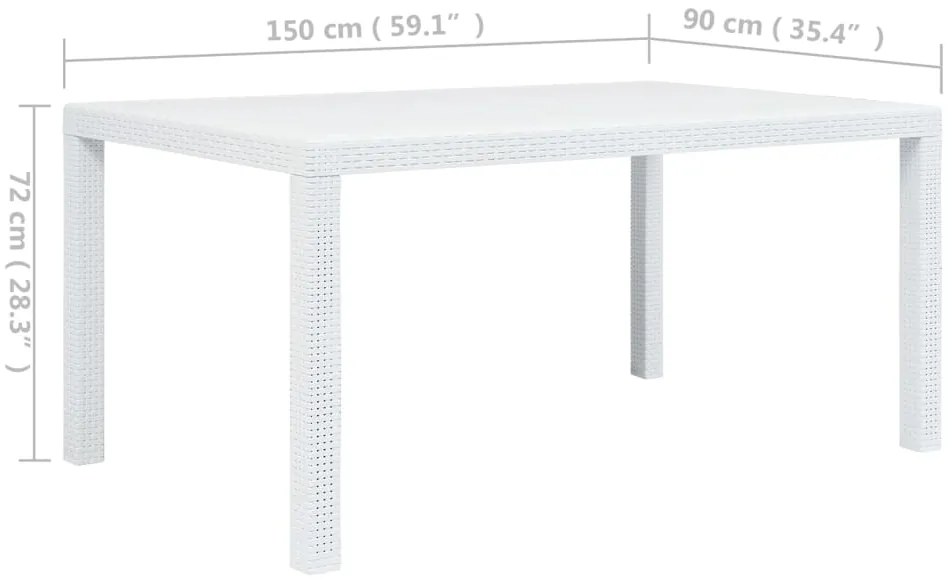 Mesa de jardim 150x90x72 cm plástico branco com aspeto de vime