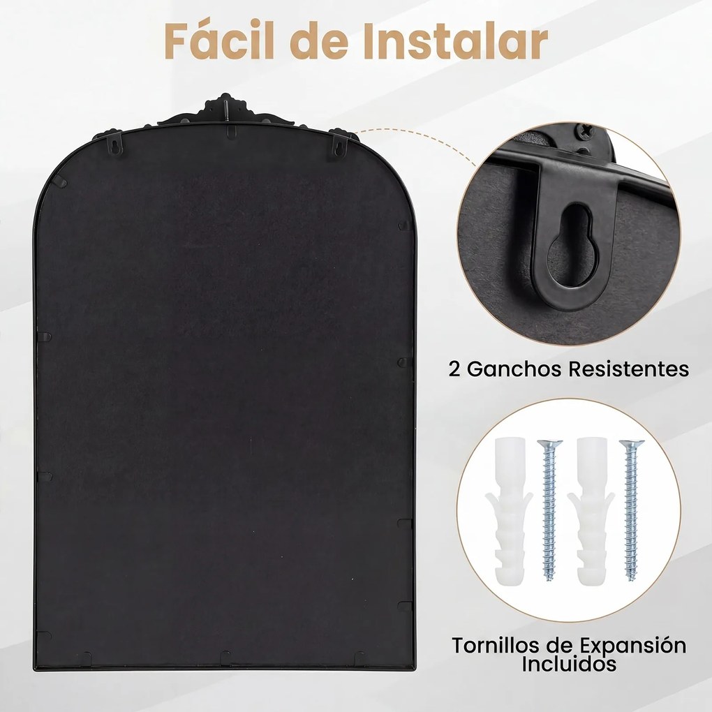 Espelho de Parede Arqueado, 90 x 61 cm, Moldura Metálica Ornamentada, Preto