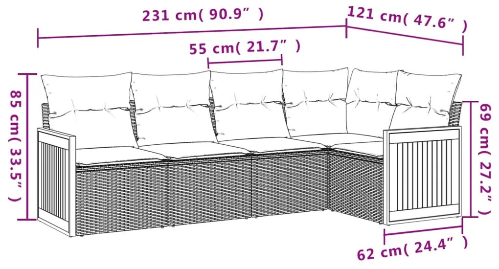 5 pcs conjunto de sofás p/ jardim com almofadões vime PE bege