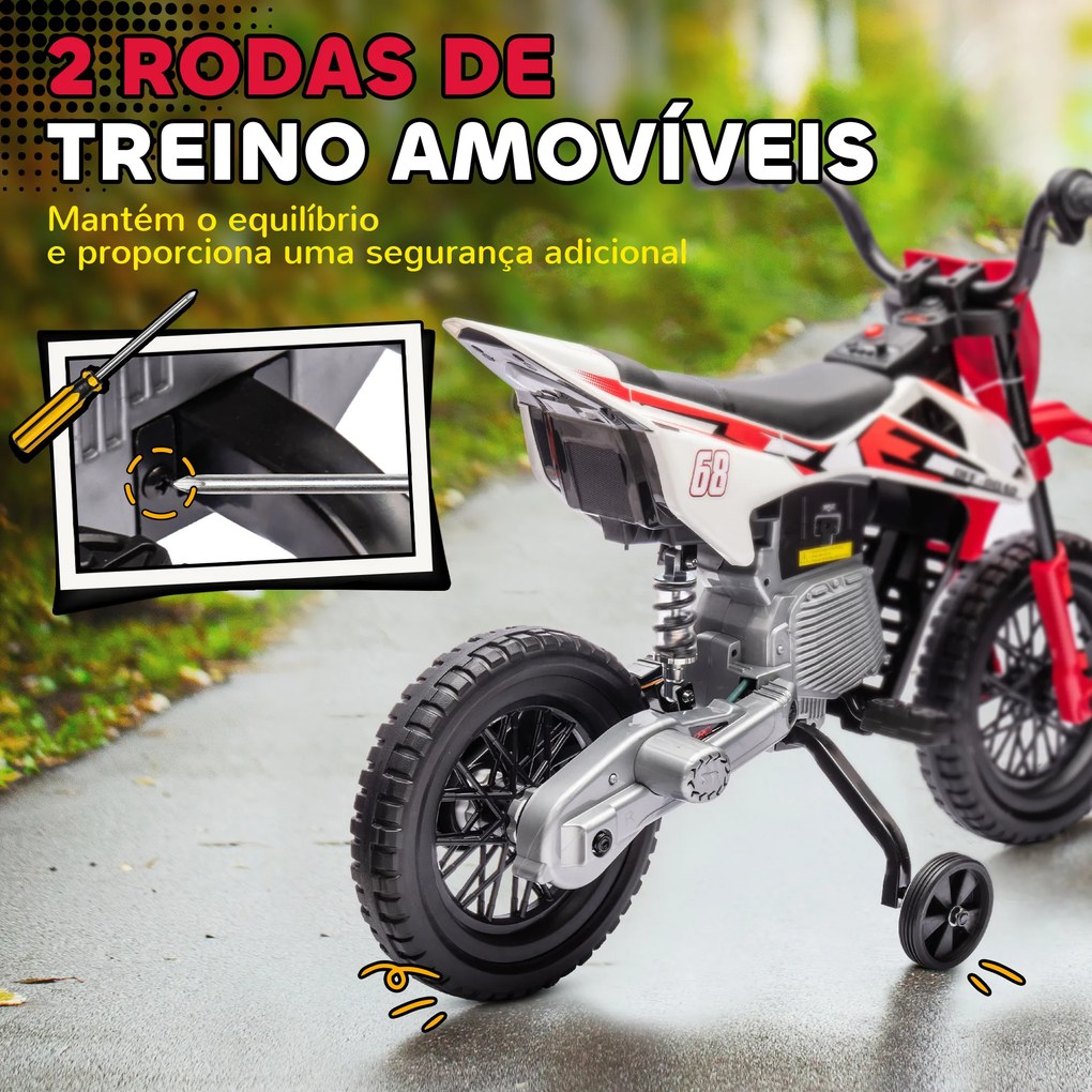 Mota Elétrica para Crianças 3 anos a 5/6 anos (até 30 kg) com Bateria 12V Música Velocidade 2,4-5 km/h e Rodas Auxiliares 107x56x70 cm Vermelho