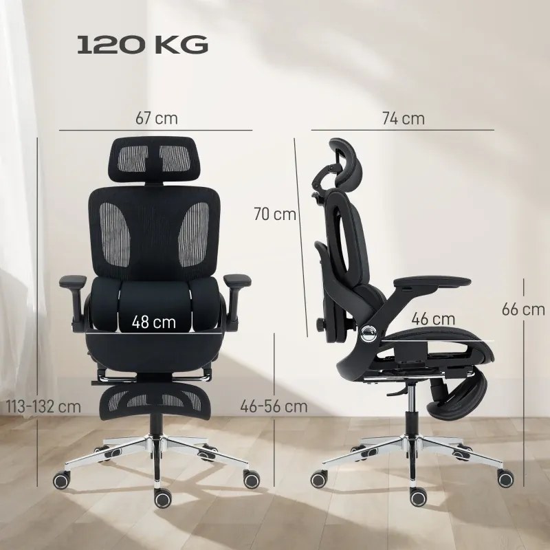 Cadeira de Escritório com Encosto Reclinável e Alto Suporte Lombar Transpirável Apoios de Braço 4D e Encosto de Cabeça Ajustável 67x74x113-132 cm Pret