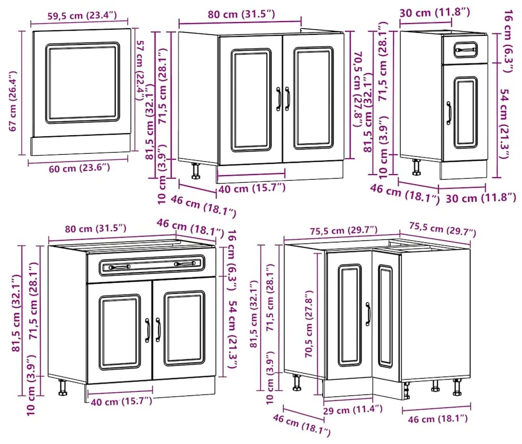 11 peças armário de cozinha conjunto Kalmar carvalho defumado