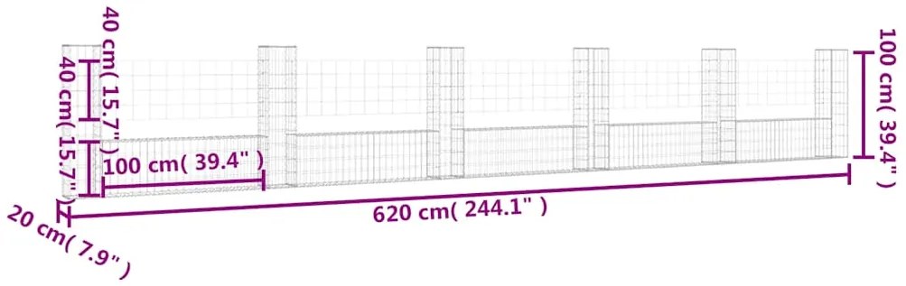 Cesto gabião em forma de U c/ 6 postes 620x20x100 cm ferro