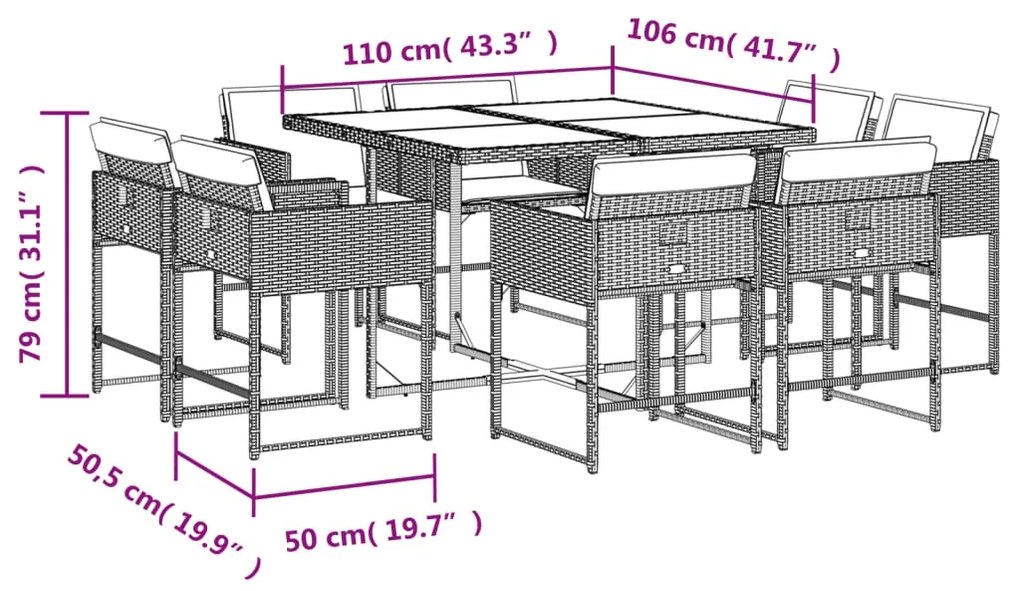 9 pcs conjunto de jantar p/ jardim com almofadões vime PE bege