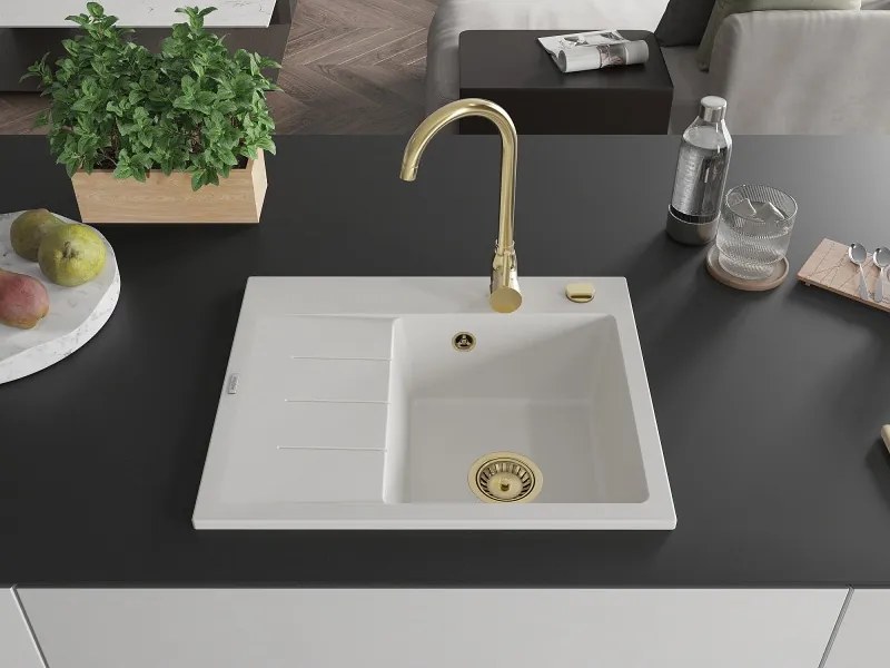 Mexen Ben lava-louça de granito de 1 cuba com escorredor, direito 600 x 500 mm, branco, sifão dourado - 6523605000-20-G