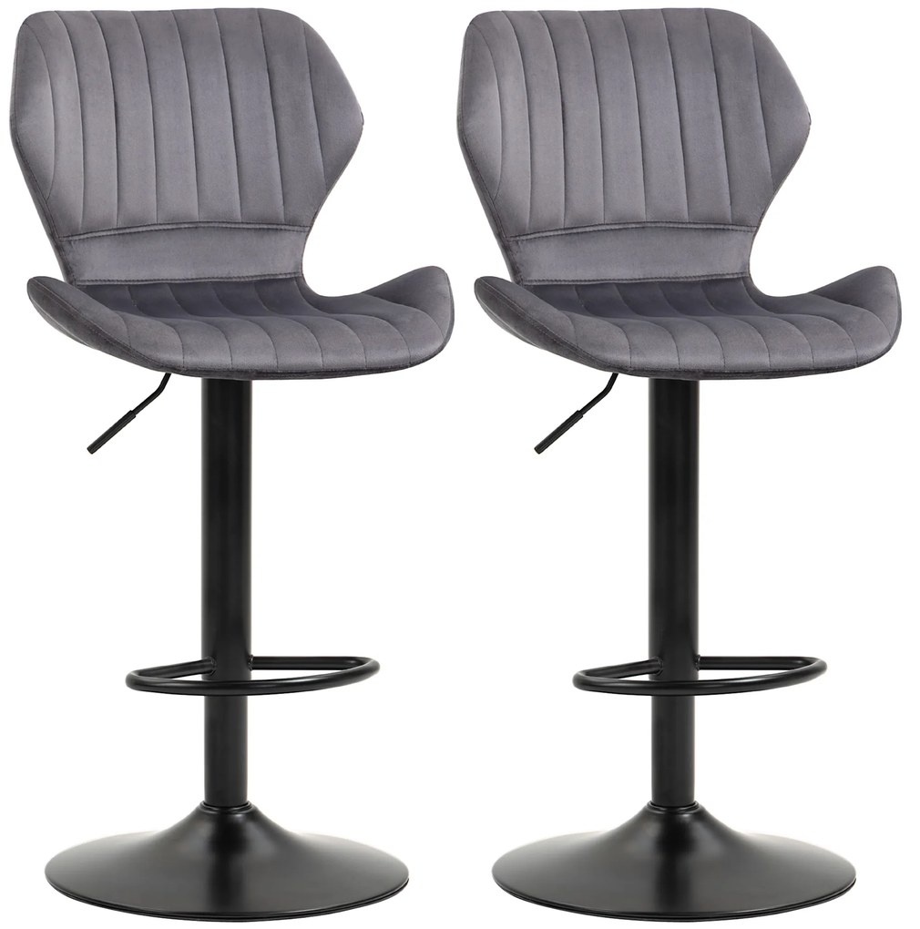 HOMCOM Conjunto de 2 Bancos Bar Giratórios e Ajustáveis ​​em Altura Banco Alto Veludo com Encosto 47x51.5x94-114cm Cinza