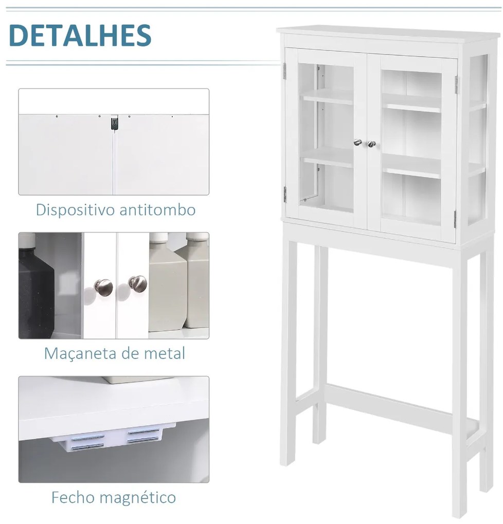 Armário de banheiro sobre vaso sanitário Armário alto para máquina de lavar com portas de vidro e prateleira interna ajustável 70x24,5x160 cm Branco