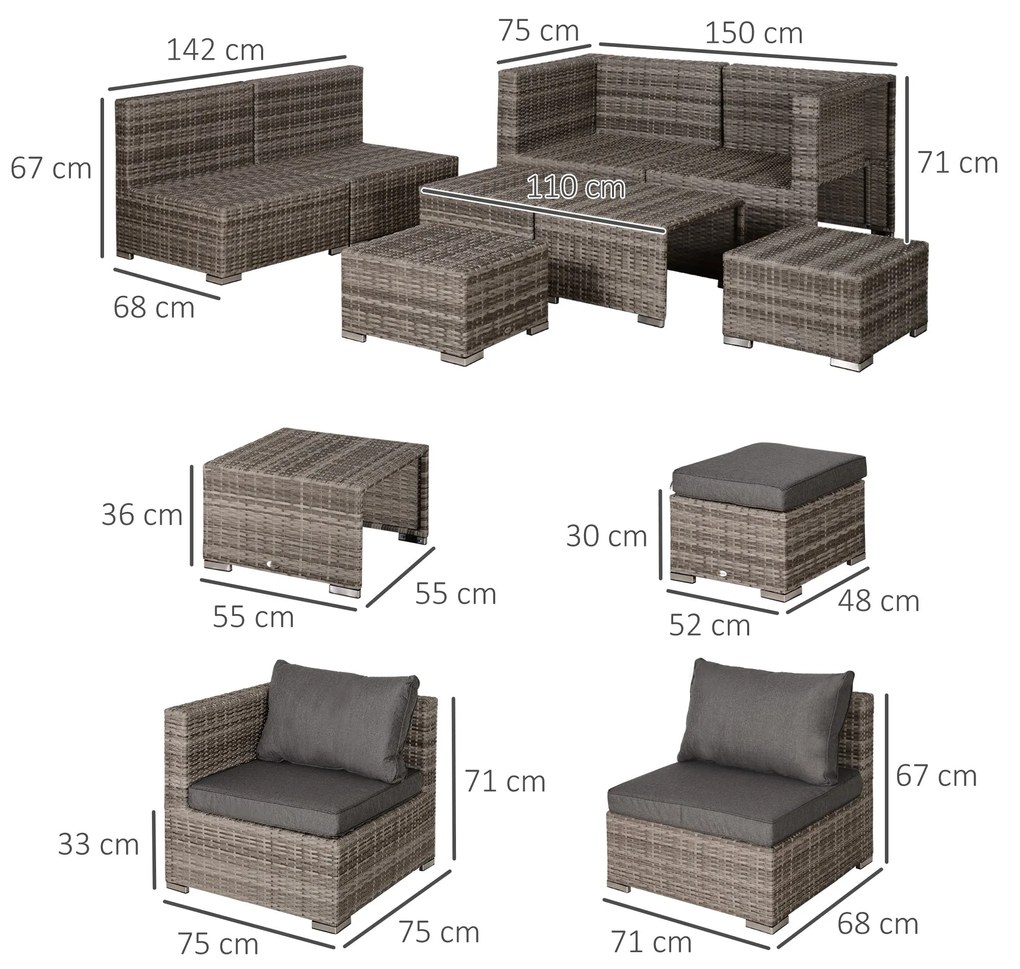 Outsunny Conjunto de Móveis de Jardim 8 Peças de Vime com 2 Mesas de C