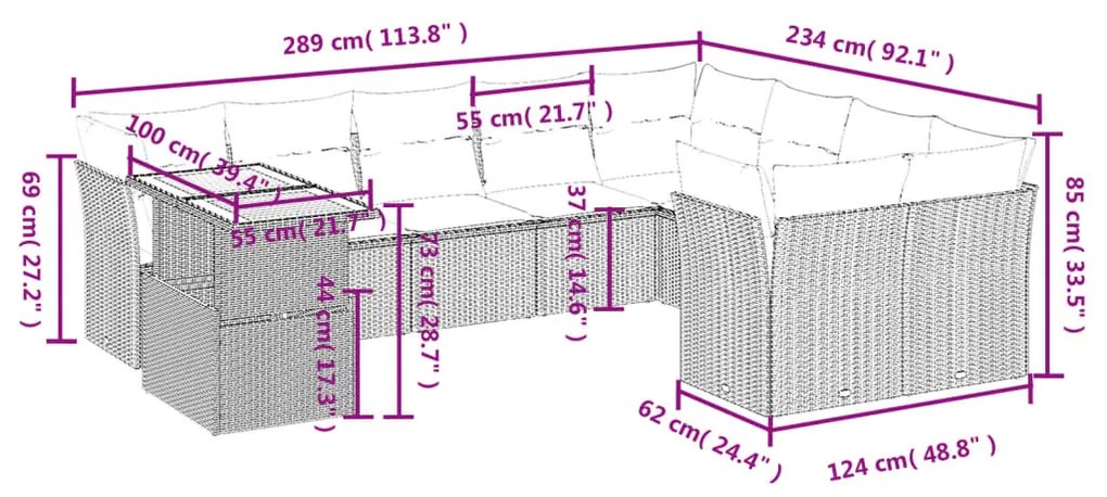 10 pcs conjunto de sofás p/ jardim com almofadões vime PE bege