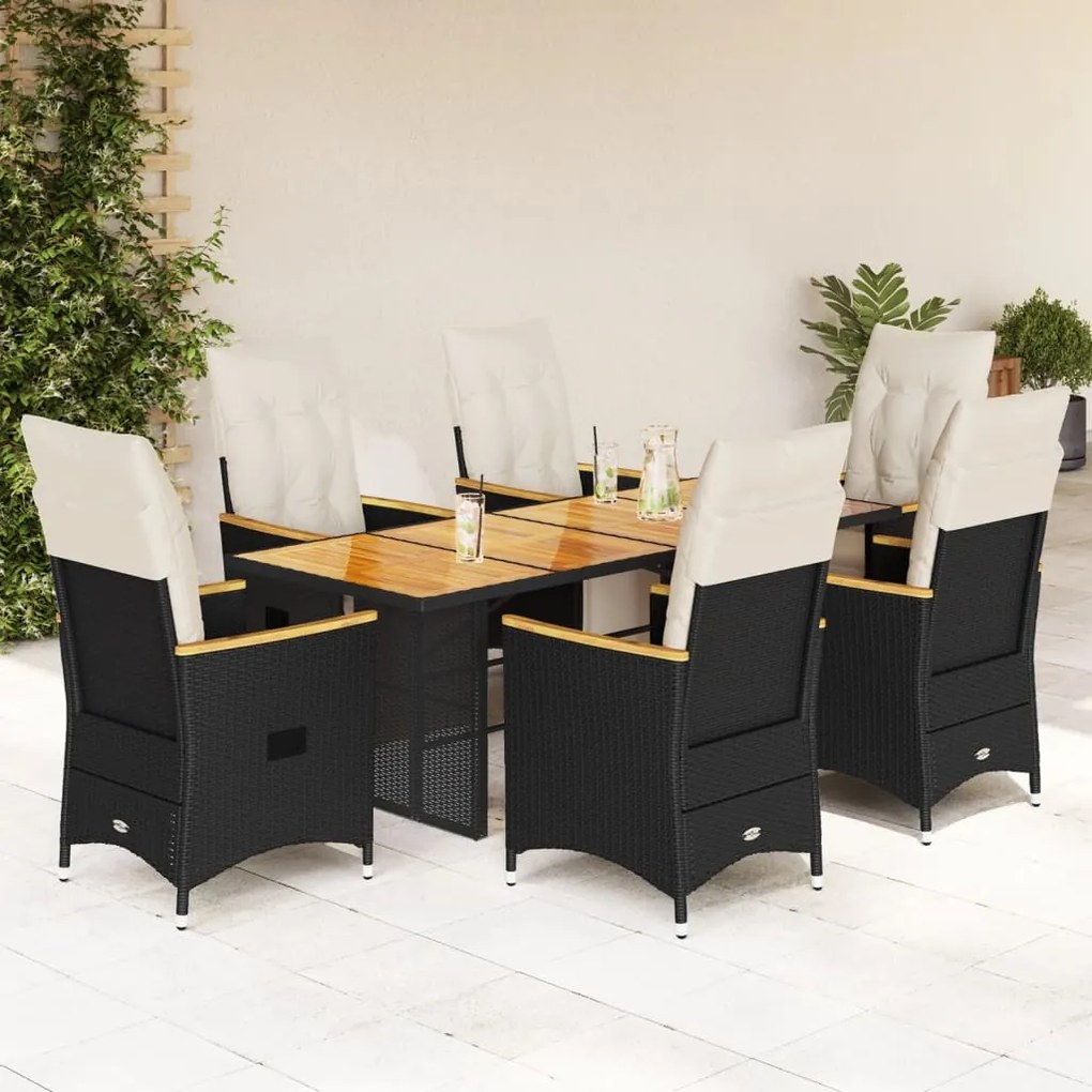7 pcs conjunto de bistrô p/ jardim c/ almofadões vime PE preto