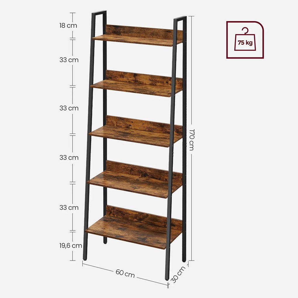 Estante com 5 prateleiras forma escada 30 x 60 x 170 cm Castanho Vintage-preto
