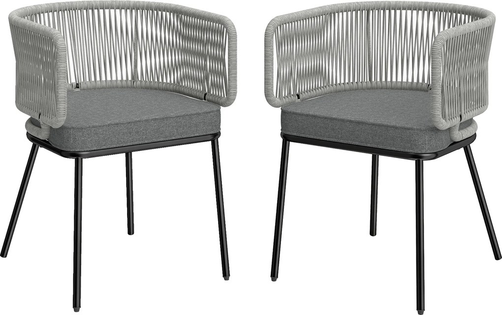 Outsunny Conjunto de 2 Cadeiras de Jardim em Vime Sintético com Almofadas Apoios de Braços e Estrutura de Aço 55x57x75 cm Cinzento Claro | Aosom Portugal
