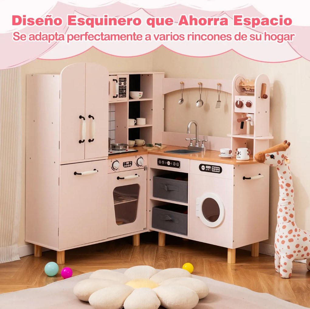 Cozinha de brincar de canto em madeira 96 × 91 × 105 cm com frigorífico de porta dupla, cafeteira, máquina de lavar roupa, 12 acessórios, luzes e sons