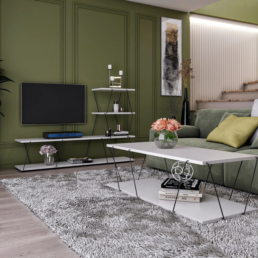 Conjunto de Mobiliário de Sala Basak – Branco e Preto – TV Stand 150x9