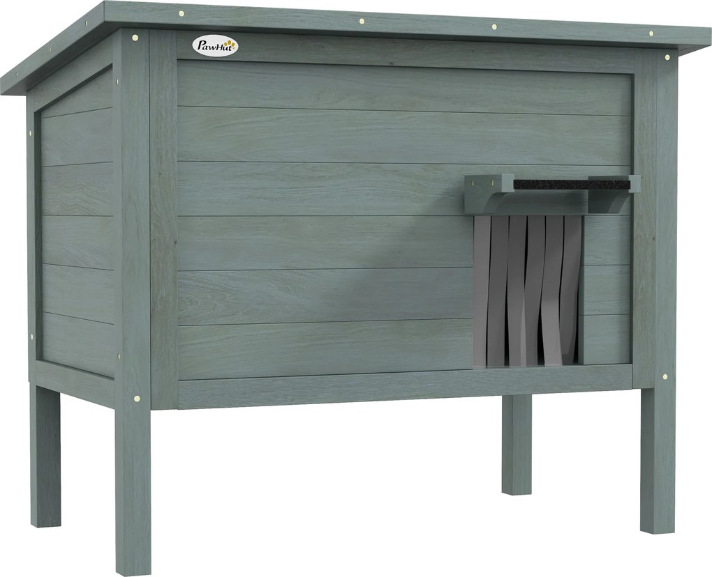 PawHut Casa para gatos casota de exterior em madeira elevada com telhado articulado isolada 85 x 50 x 68,5 cm cinza escuro e preto | Aosom Portugal